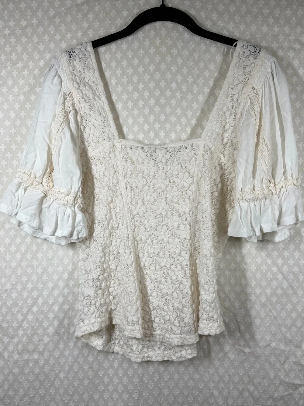 Free People Cream Spring Fling Lace Puff Sleeve Top